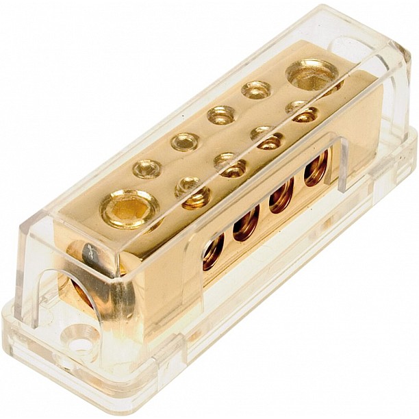 Power distribution block (gold) 2x50 mm² in/ 8x10 mm² out Power distribution block (gold) 2x50 mm² in/ 8x10 mm² out