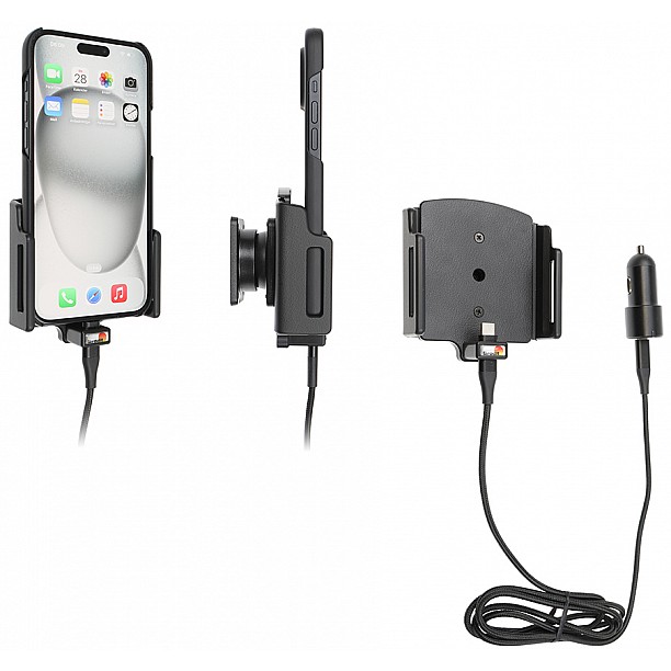 Brodit houder - Apple iPhone 15 Plus / 15 Pro Max , Actieve verstelbare  houder met 12V USB SIG-Plug 70-83mm