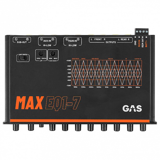 GAS MAX ½DIN 7-band EQ, 6V Pre-Outs