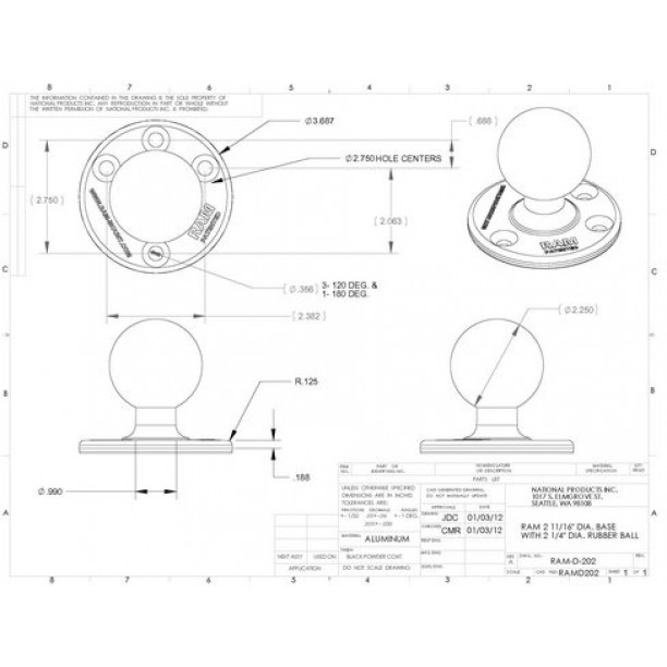 RAM 3.68 inch diameter ronde basis met 2.25 Inch bal