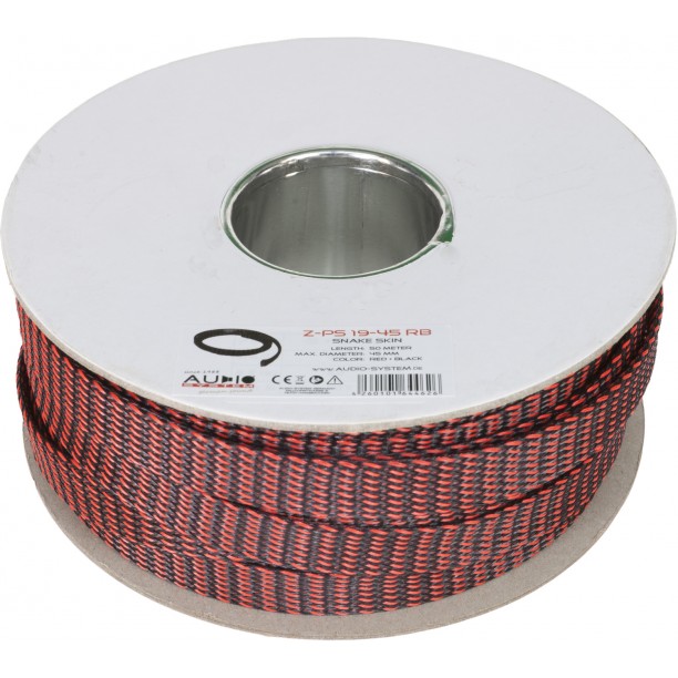 AUDIO SYSTEM Professionele gevlochten kous. Rol van 50 mtr. Diameter 19 tot 45 mm Rood/Zwart