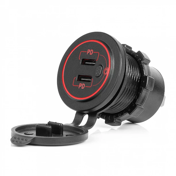 Dual USB C auto lader12/24V 3.0A max rood verlicht met aan-uit schakelaar Dual USB C auto lader12/24V 3.0A max rood verlicht met aan-uit schakelaar