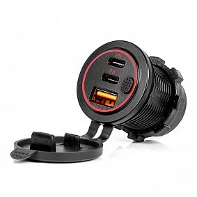 Autolader met aan-uit schakelaar, rode LED-achtergrondverlichting, USB + 2xUSB C QC3.0 12/24V