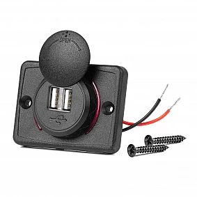 Vierkante waterdichte lader met rode LED-achtergrondverlichting, 2xUSB, 12/24V (64x48mm)