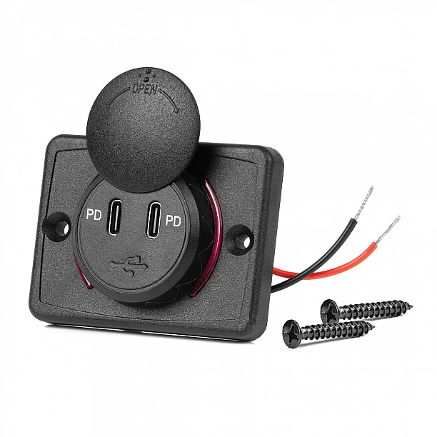 Vierkante waterdichte lader met rode LED-achtergrondverlichting, 2x USB C, 12/24V (64x48mm) Vierkante waterdichte lader met rode LED-achtergrondverlichting, 2x USB C, 12/24V (64x48mm)