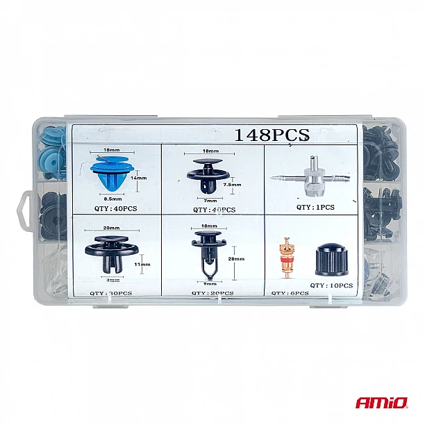 Set met 148stuks Automotive clips en bevestigingspinnen + gereedschap