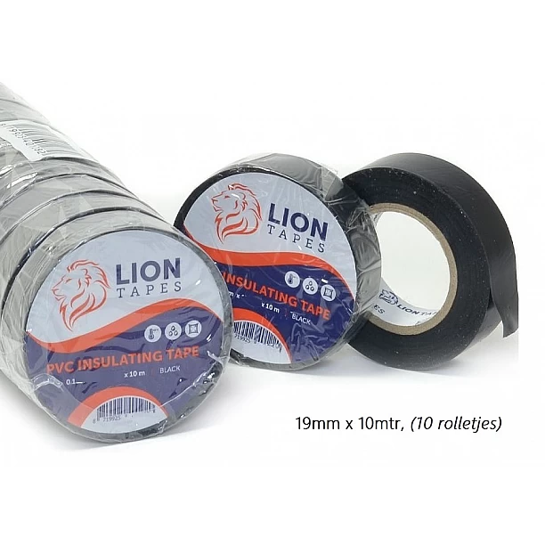 Lionbrand isolatietape 19mm x 10 meter zwart, 10 rolletjes,  (150% oprekbaar!!)