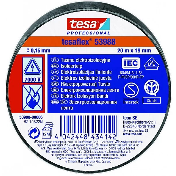TESAFLEX 53988 L.20mtr x B.19mm Zwart (Per 10 Stuks) isolatietape TESAFLEX 53988 L.20mtr x B.19mm Zwart (Per 10 Stuks) isolatietape