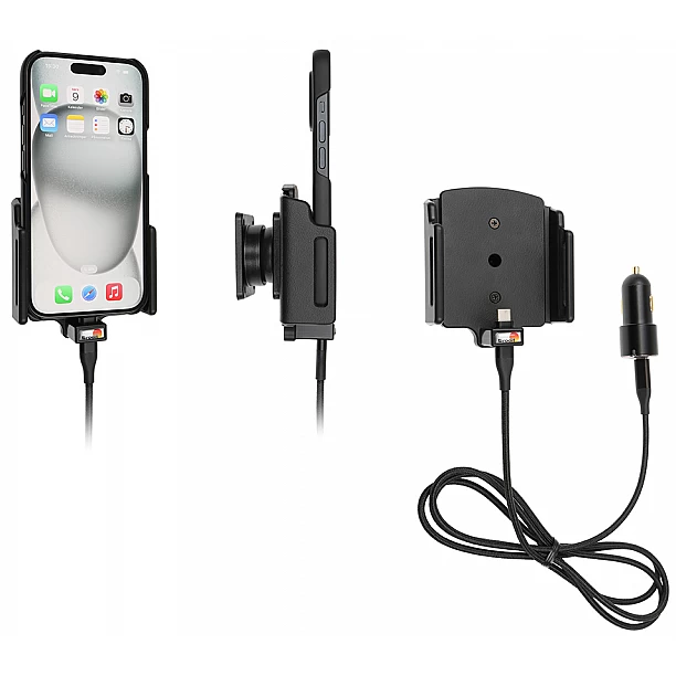 Brodit houder - Apple iPhone 15 / 15 Pro , Actieve verstelbare  houder met 12V USB SIG-Plug 70-83mm, dikte 6-10 mm