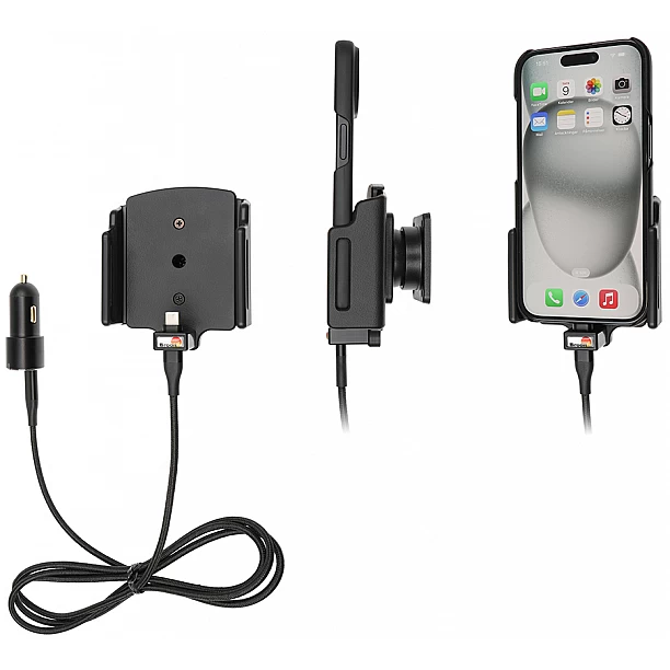 Brodit houder - Apple iPhone 15 / 15 Pro , Actieve verstelbare  houder met 12V USB SIG-Plug 70-83mm, dikte 6-10 mm