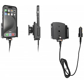 Brodit houder - Apple iPhone 15 / 15 Pro , Actieve verstelbare  houder met 12V USB SIG-Plug 70-83mm, dikte 8-12 mm