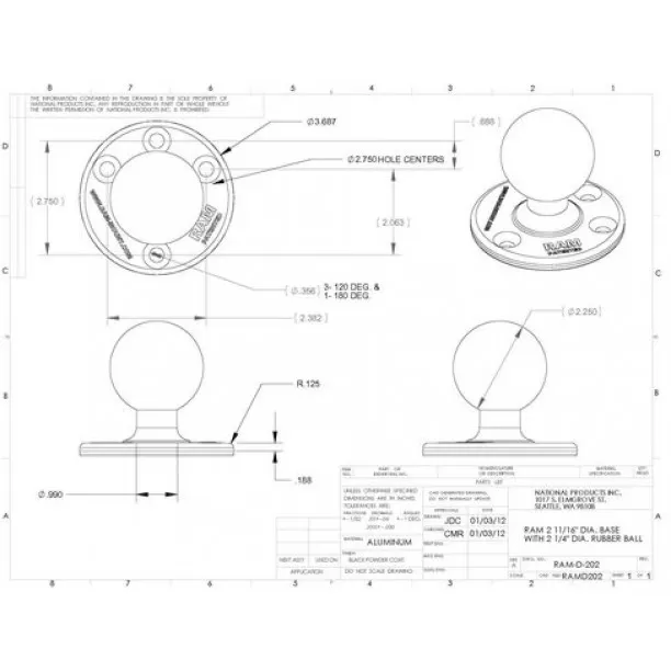 RAM 3.68 inch diameter ronde basis met 2.25 Inch bal