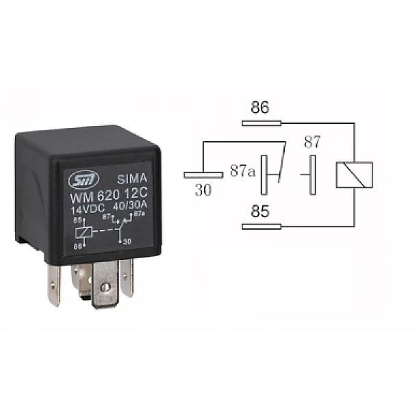 5 polig relais 1A bedrading standaard coll 12V, 40/30A, 1,6W 26,5x26,5x24,5